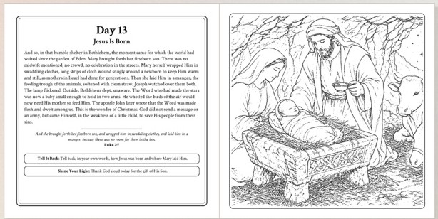 Look inside: Day 13, Jesus Is Born, reading page beside its nature-study coloring page